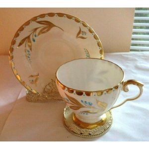 Vintage Royal Grafton – Bone White with Gold Floral & Teal Dots Tea Cup & Saucer